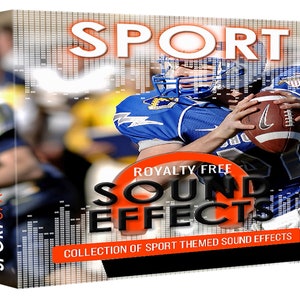 May include: A box with a red and white background featuring a football player in a blue jersey catching a brown football. The text "SPORT" is in large white letters on the top of the box. The text "ROYALTY FREE SOUND EFFECTS" is in black letters on a red circle. The text "COLLECTION OF SPORT THEMED SOUND EFFECTS" is in white letters on a black background.