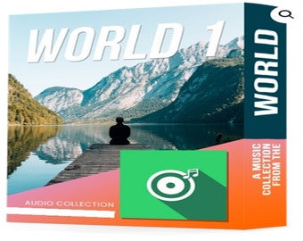 May include: A box with the text "WORLD 1" on the front. The box has a picture of a lake with mountains in the background. The text "AUDIO COLLECTION" is on the bottom of the box. The text "WORLD" is on the side of the box. The text "A MUSIC COLLECTION FROM THE" is on the side of the box.