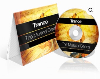 May include: A CD and its case feature the text "Trance The Musical Series." The CD and case have a gold and black color scheme with musical notes in the background. The CD case is folded.