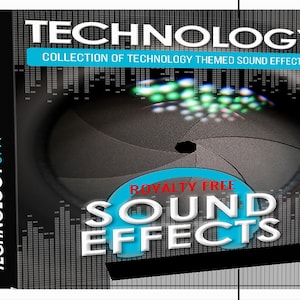 Pode incluir: Uma caixa preta e cinza com o texto "TECHNOLOGY" em letras brancas. A caixa tem um círculo azul e branco com o texto "SOUND EFFECTS" em letras brancas. O texto "ROYALTY FREE" está em letras vermelhas. A caixa tem uma imagem em preto e branco de uma lente de câmera.