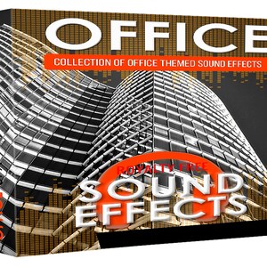 Könnte beinhalten: Eine Box mit einem Schwarzweißbild eines Wolkenkratzers und dem Text "OFFICE COLLECTION OF OFFICE THEMED SOUND EFFECTS ROYALTY FREE SOUND EFFECTS".