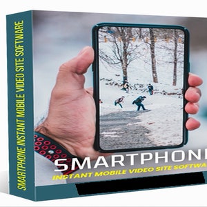 Puede incluir: Una caja azul y amarilla con el texto "SMARTPHONE INSTANT MOBILE VIDEO SITE SOFTWARE" en el lateral. La caja muestra una mano sosteniendo un teléfono inteligente con una foto de un paisaje nevado y personas caminando por un sendero.