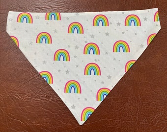 LGBTQ Striped Rainbow Dog/Cat Bandana, Pride LGBTQ Reversible Dog Bandana.  One side is rainbows, stars, reversible side is rainbow stripes.