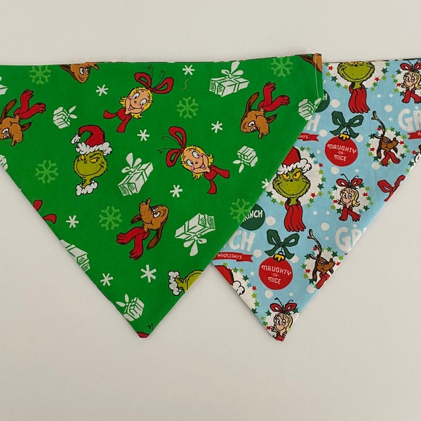 Christmas Dog Bandana, Grinch Christmas Dog Bandana, Reverse side Red, Green and White Pinwheel Peppermints, Betty Lou Who Dog Bandana