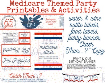 Medicare Themed Birthday Party Decor & Activities for 65th Birthday Party. Water + Wine bottle labels, table tents, 1959 Quiz, Party Banner