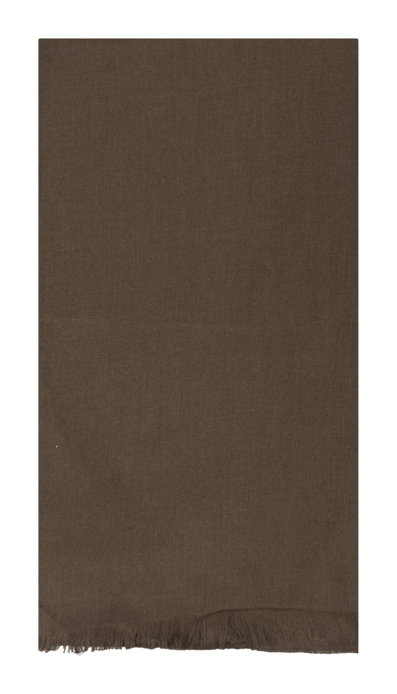 May include: A brown rectangular scarf with a fringed edge.