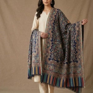 Women's Stole - Navy Blue Jaal Weave Stole with Paisley Border | The Amritsar Store