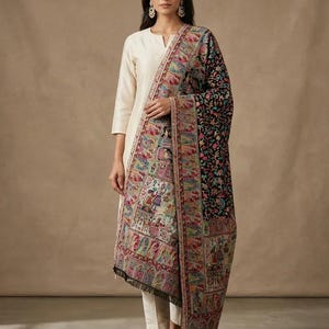 Women's Stole – Black Royal Mughal Darbar & Floral Jaal  Designer Wrap | The Amritsar Store