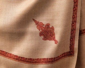 Hand Embroidered Kashmiri Shawl, Paisleys Embroidered In The Four Corners Surrounded With Embroidery. Warm Light Weight Shawl, Large Wool