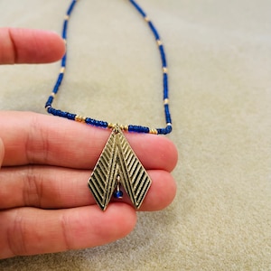 Handmade Seed Bead Necklace with Brass Chevron Pendant