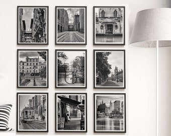 Gallery Wall Set Europe Cities Photography Black & White Art Prints London Paris Amsterdam Liverpool Brussels Dublin Venice Barcelona Lisbon