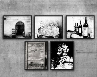 Wine Wall Decor Photography Prints Set of 5 in Black & White, French Wine Print Collection for Dining Room Decor Gallery Wall