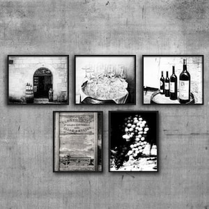 Black and White Wine Photography Print Set of 5 – Vineyard Grapes, Wine Bottles, Cellar Decor, Monochrome Wall Art