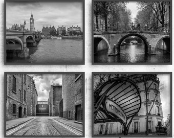 Londres París Ámsterdam Dublín Galería Impresiones fotográficas de pared - Europa Ciudades Conjunto de 4 impresiones de arte mural en blanco y negro