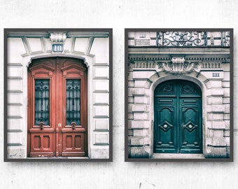 Paris Print Set of 2, France Photo Prints, Red & Green Wall Art Fine Art Photography, Door Photographs