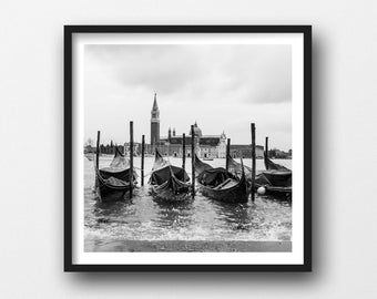 Venice Photography Prints for Gallery Wall, Gondolas Black & White Travel Art, Italy Boats 5x5 Square