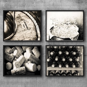 Wine Cellar Wall Art Set – Rustic Sepia Photography, Vineyard Barrel, Corks, Bottles & Glasses, French Wine Kitchen or Bar Decor