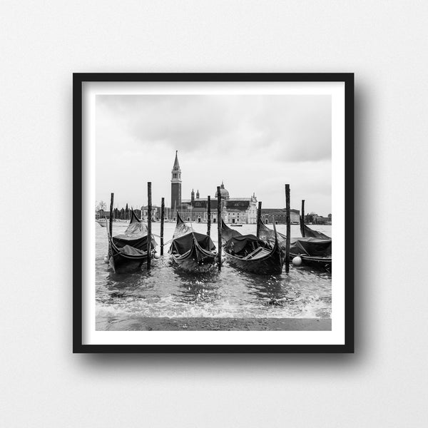 Venice Photography Prints for Gallery Wall, Gondolas Black & White Travel Art, Italy Boats 5x5 Square