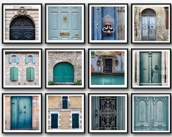 12 Europe Door Photographs, 5x5" Square Blue Green Travel Print Set Photos, Dublin Paris France Italy Photography Prints