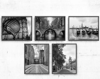 Europe Cities Gallery Wall Photography Prints - Set of 5 Black & White Wall Art Prints London Paris Amsterdam Dublin Venice London