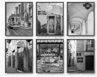 Lisbon & Porto Black and White Wall Art Set – Portugal Architecture Photography, Historic Street Scenes, 6-Piece Fine Art Collection
