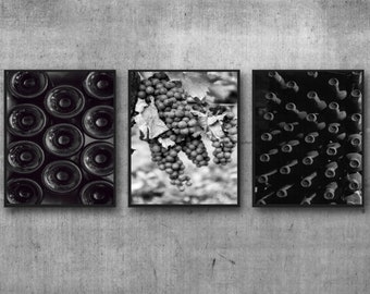 Wine Decor in Black & White Gallery Wall Photography Prints, Bottles and Vines