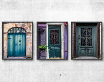 Gallery Wall Set Blue Door Wall Art Prints, Travel Photos, Teal Wall Art Photography Prints, French Door Photography