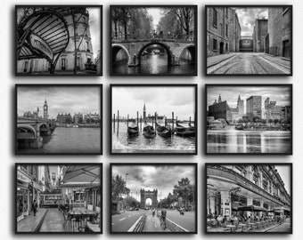 Cities of Europe Photography Set of 9 Prints in Black & White of London, Paris, Amsterdam, Liverpool, Dublin, Venice, Barcelona, Lisbon