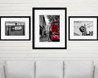 London Photography Prints Gallery Wall Set for Living Room Decor, Red Double Decker Bus, London Bridge, Black & White Art