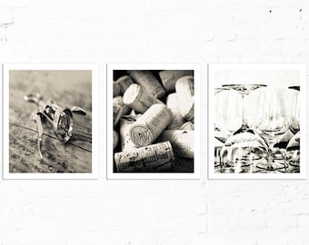 Wine Gallery Wall Prints for Dining Room or Kitchen Wall Decor, Wine Decor Wall Art Prints Corkscrew Glasses Corks Fine Art Photography