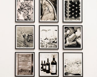 Kitchen Wall Decor Winery Photography Prints in Black & White, Wall Art Prints for Wine Gallery Wall Set of 9