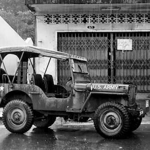 Vintage U.S. Army Jeep Black & White Photography Print – Military History Wall Art – Classic Willys Jeep Photo for Collectors