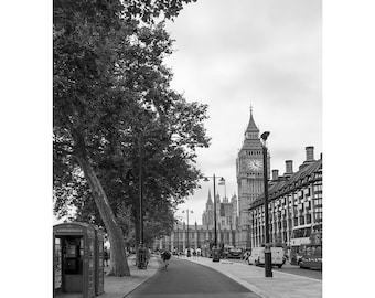 Big Ben and Westminster - Classic London Street Scene Photo Print, London Photography Black & White Art