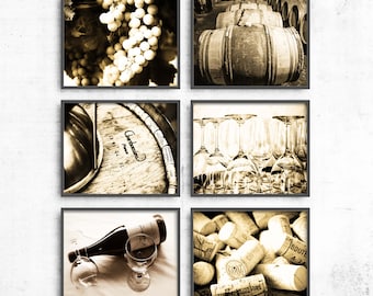 Wine Decor Print Set of 6 in Sepia Warm Brown, Rustic Kitchen Decor photo wall set, Wine Photography, Wine Art