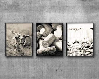 Wine Photography Print Set – Corkscrew, Corks and Glasses Wall Art