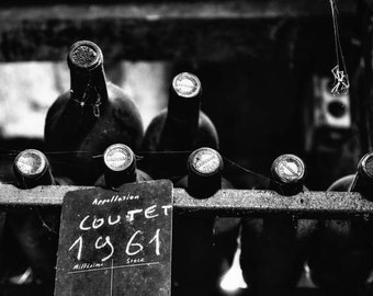 Wine Photography, Winery Vineyard Art for Kitchen, Dining Room Print, Black and White Photograph, Vintage Wine Bottles, Wine Cellar Picture
