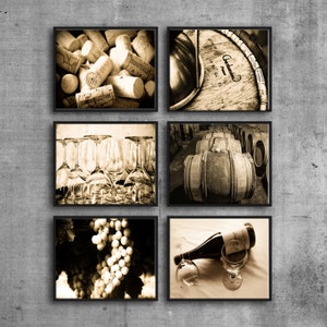 Wine Photography Wall Art Set – Vineyard Grapes, Wine Barrels, and Corks – Rustic Winery Decor for Kitchen, Dining Room, or Cellar