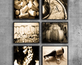 Print Set of Wine Decor, Wine Kitchen Art, Warm Brown Rustic Kitchen Decor, photo wall set, Wine Photography, Wine Art, print set of 6