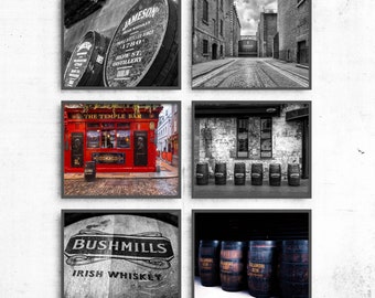 Dublin Photo Gallery Wall Set of Prints, Guinness Factory, Jameson Distillery, The Temple Bar, Whiskey Barrels Art