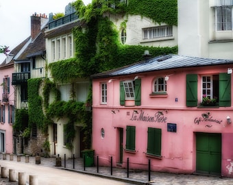 Fotografía de París de la Maison Rose Cafe en Montmartre, arte mural rosa para la decoración de la pared del dormitorio o una impresión artística de la sala de estar parisina
