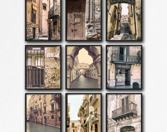 Italy Streets Photography Prints Gallery Wall Set, Doors & Windows Wall Art Prints in Sepia, Black and White or Colour