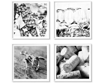 5x5" Wine Gallery Wall Kitchen or Dining Room Wall Decor Print Set - French Winery Set of 4 Photography Prints in Black and White