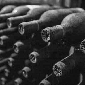 Black and White Wine Cellar Print – Moody Rustic Kitchen Wall Art, Vintage Bottle Photography for Wine Lovers, Dining Room Wine Decor