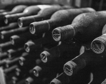 Wine Decor Photo, Wine Bottles Print, Monochrome Wall Art for Kitchen Decor, Wine Bottles art picture, Dusty Bottles of Wine Photograph