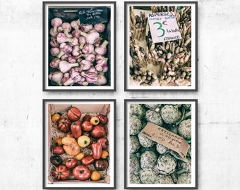 Kitchen Decor Gallery Wall Set, French Farmers Market Vegetables Photos, Food Photography Prints for Restaurant