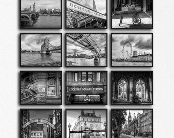 London Photography Prints Set, Black & White Gallery Wall Art Set of 12 Unframed Prints, Big Ben, Westminster, Borough Market, Covent Garden