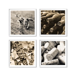Sepia Wine Photography Print Set – Corkscrew, Vintage Wine Bottles, Grapes, and Corks – Rustic Kitchen or Wine Cellar Wall Art
