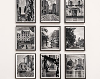 Europe Cities Photography Prints - Set of 9 Black & White Wall Art Prints London Paris Amsterdam Brussels Dublin Venice Barcelona Lisbon