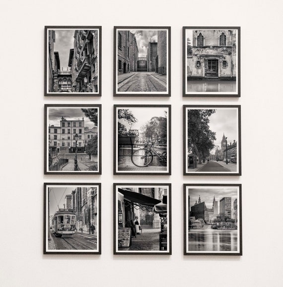 Europe Cities Photography Set of 9 Black & White Wall -