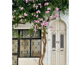 Olhão White Door Print – Portugal Architecture Wall Art, Mediterranean Home Decor, Bougainvillea Fine Art Photography
